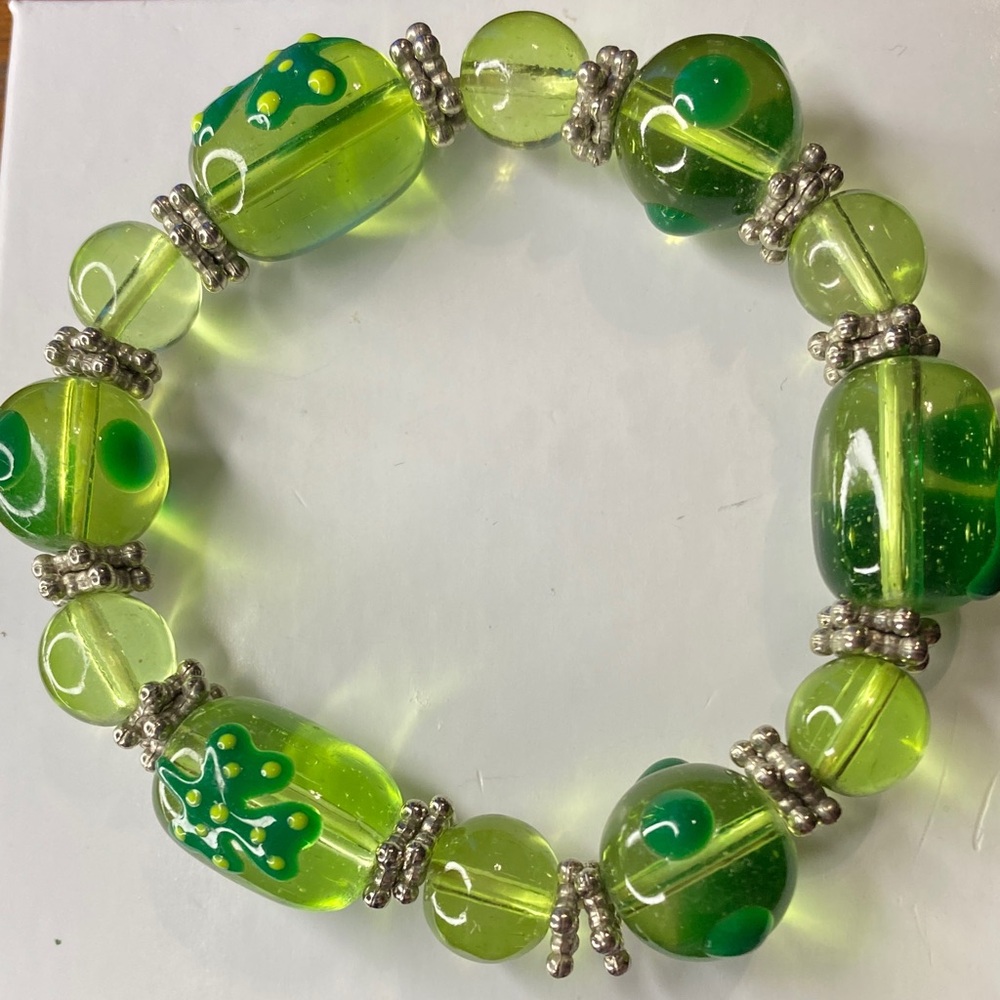Green Glass Bracelet with Silver Accents